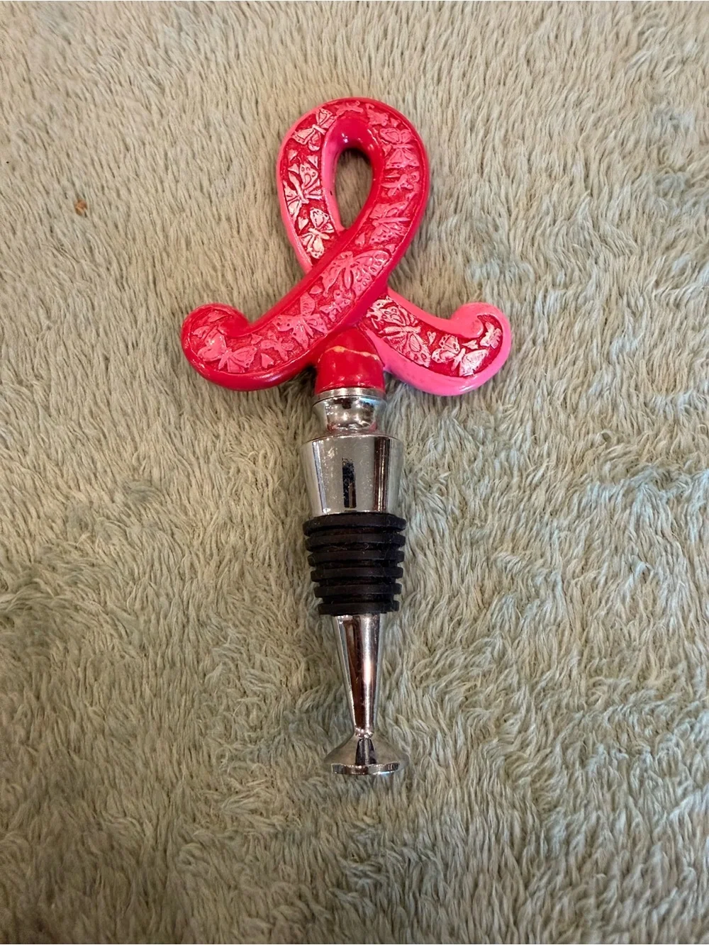 Pink Ribbon Butterfly Wine Bottle Stopper Breast Cancer Awareness Bar Decor